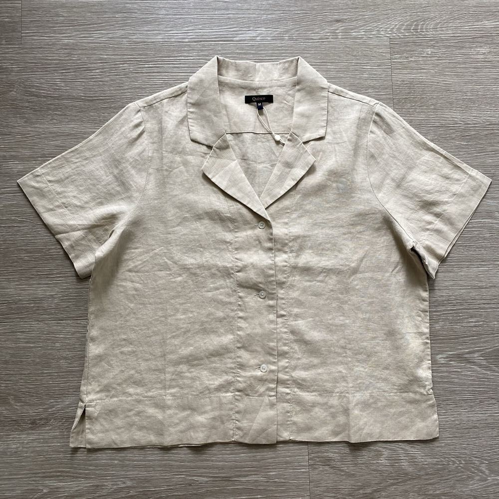 NWT Quince 100% Linen Short Sleeve Shirt Womens M Driftwood Brown Coastal Luxury